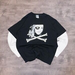 Vintage VTG Y2K 2000's Gildan Pirate Skull Collage Black T-Shirt